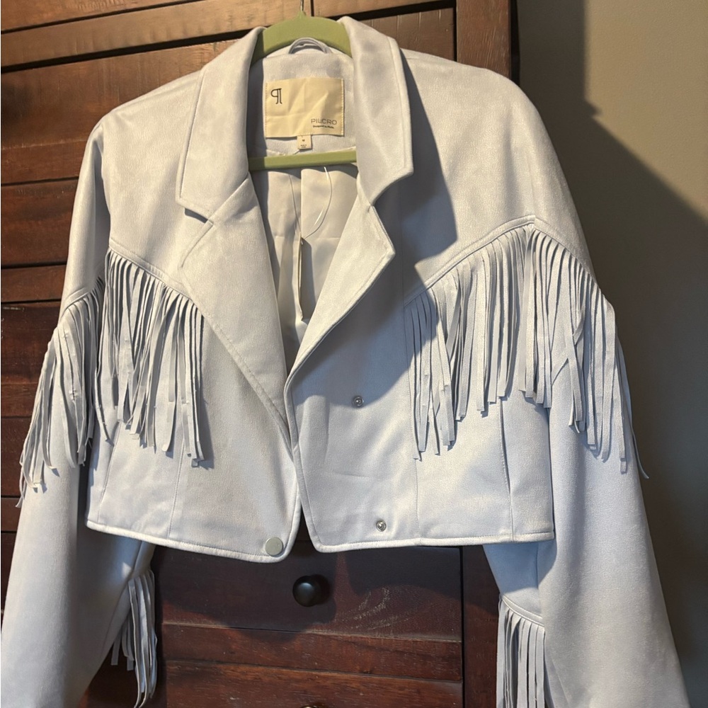 Pilcro Faux Suede Fringe Moto Jacket Wedgewood Blue Sz M - very Lt Blue NWT - Picture 3 of 15